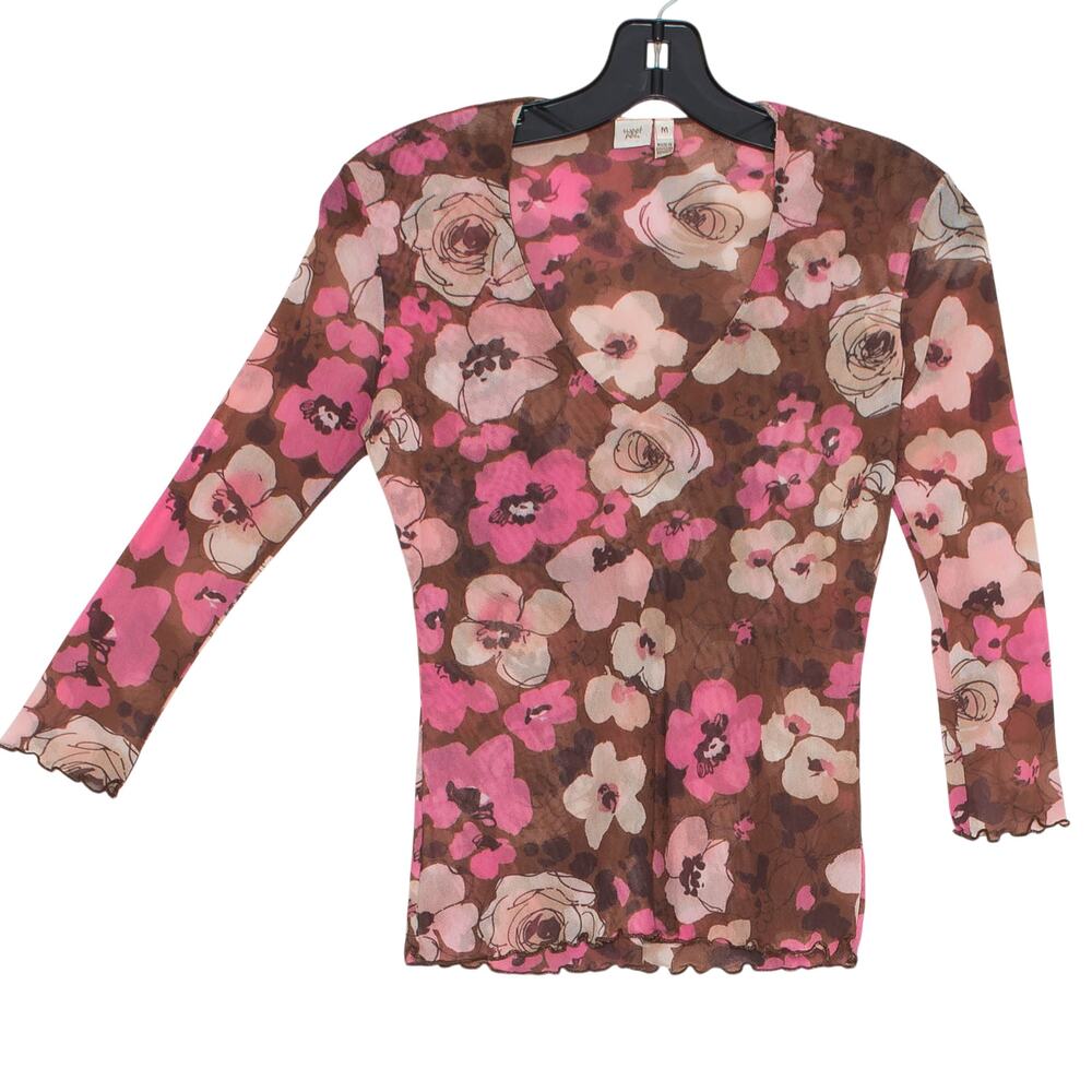 Y2K Sheer Mesh Floral Top Brown Pink M Lettuce Hem 90s Fairy Grunge Coquette - Picture 2 of 6